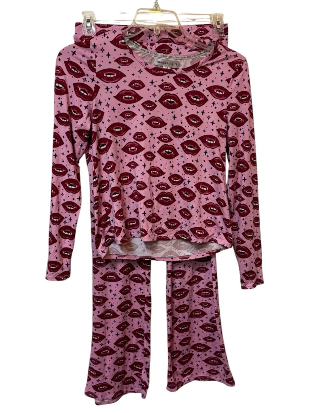Madden Girl Pink Vampire Fangs Lip Print Pajama Loungewear Halloween Goth Medium
